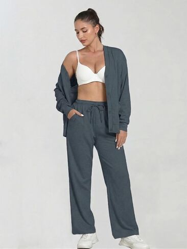 Women's 2-Piece Lounge Set - Button Down V Neck Cardigan Sweatsuit Wide-leg Pants with Pockets Casual Matching Outfits Dark grey M in Saudi Arabia