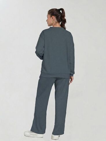 Women's 2-Piece Lounge Set - Button Down V Neck Cardigan Sweatsuit Wide-leg Pants with Pockets Casual Matching Outfits Dark grey M in Saudi Arabia