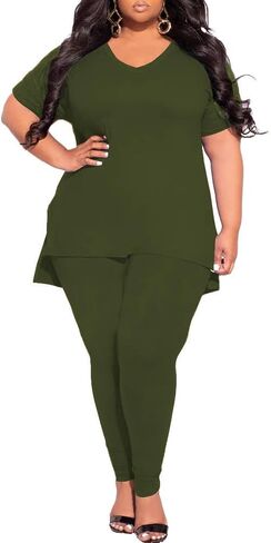 TOPSRANI Womens Plus Size 2 Piece Outfits Sweatsuits Casual Tracksuit V Neck Short Sleeve Solid Loungewear Pants Sets in Kuwait