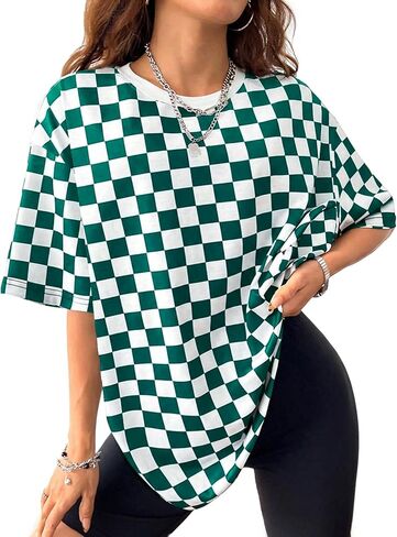 Milumia Women's Checkered Crew Neck Short Sleeve T Shirt Loose Fit Street Tops in Saudi Arabia