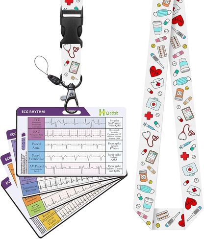 EKG Rhythm Reference Cards with Nurse Print Lanyard, Nursing Badge Buddy Set, ECG Quick Badge Card for RN Paramedic, Nurse Gift in Kuwait