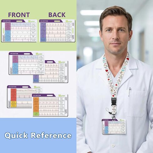 EKG Rhythm Reference Cards with Nurse Print Lanyard, Nursing Badge Buddy Set, ECG Quick Badge Card for RN Paramedic, Nurse Gift in Kuwait