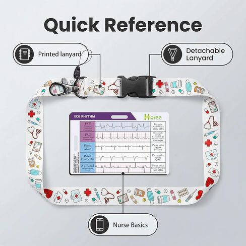 EKG Rhythm Reference Cards with Nurse Print Lanyard, Nursing Badge Buddy Set, ECG Quick Badge Card for RN Paramedic, Nurse Gift in Kuwait
