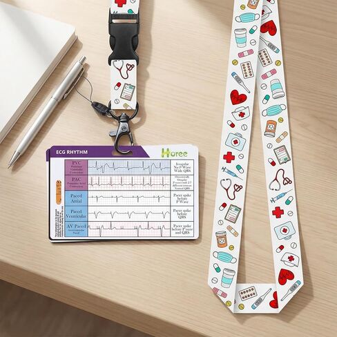 EKG Rhythm Reference Cards with Nurse Print Lanyard, Nursing Badge Buddy Set, ECG Quick Badge Card for RN Paramedic, Nurse Gift in Kuwait