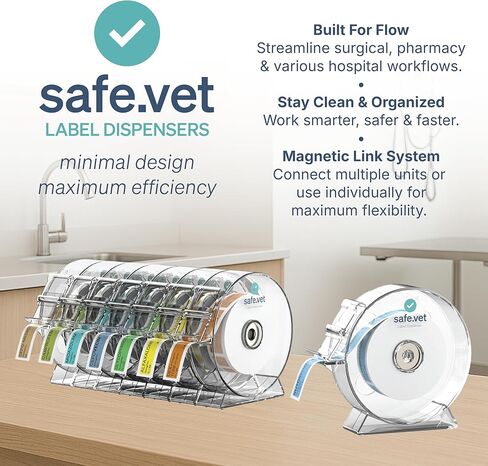 Veterinary Syringe Label Dispenser by Safe Vet | Connectable Countertop Injectable & Pharmacy Label Organizer for Vet Clinics, ICU, Surgery & Anesthesia in Saudi Arabia