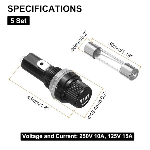 uxcell 5Pcs Panel Mounted Fuse Holders 45 x 18.4mm 250V 125V, 20A Screw Cap Fuse Holders with 5 Pcs 6 x 30mm Fast-Blow Glass Tubes Fuses in Saudi Arabia