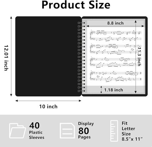 HOUYEE 1 Pack Sheet Music Folder,Spiral Binder Organizer for Music Stand,40 Plastic Sleeves Display 80 Pages, Fits Letter Size 8.5 x 11 Inch, Piano Sheet Music Holder For Choral Band Orchestra (Black) in Kuwait