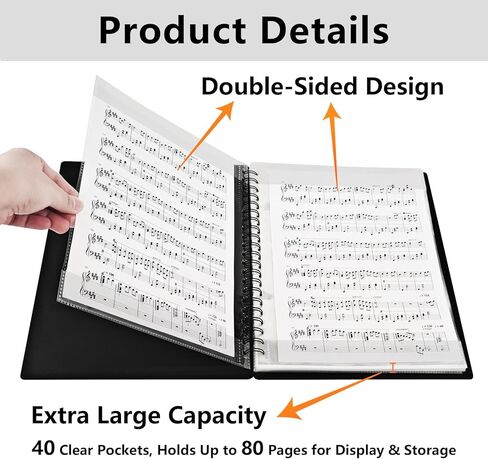 HOUYEE 1 Pack Sheet Music Folder,Spiral Binder Organizer for Music Stand,40 Plastic Sleeves Display 80 Pages, Fits Letter Size 8.5 x 11 Inch, Piano Sheet Music Holder For Choral Band Orchestra (Black) in Kuwait