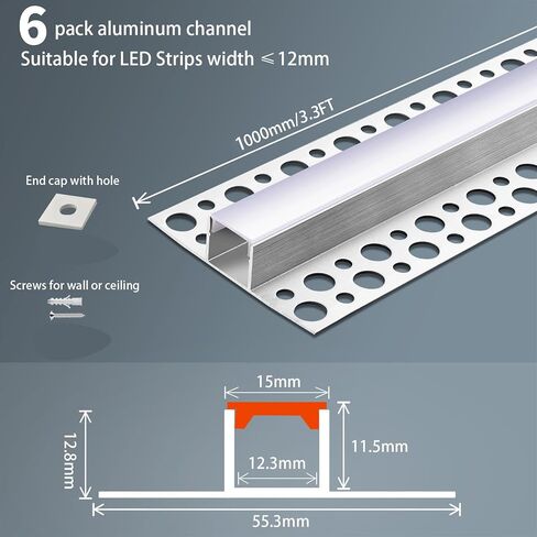 6 عبوات من الجبس في قناة Led مع ناشر أبيض حليبي 3.3FT/1M من الألومنيوم للحوائط الجافة على شكل حرف U مسار غائر بدون إطار للضوء الشريطي in Saudi Arabia