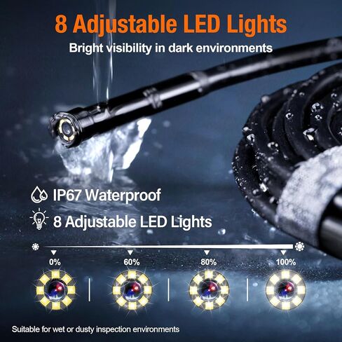 كاميرا بوريسكوب مع ضوء، منظار داخلي بشاشة IPS 4.3 بوصة، كاميرا فحص بدون هاتف بدون تطبيق مع ضوء، كابل شبه صلب بطول 16.4 قدم، منظار صناعي 8 LED مع بطاقة 32 جيجابايت لفحص السيارات والأنابيب والمنزل in Kuwait