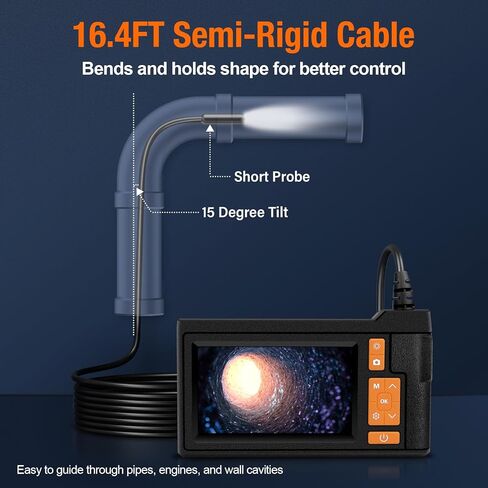 كاميرا بوريسكوب مع ضوء، منظار داخلي بشاشة IPS 4.3 بوصة، كاميرا فحص بدون هاتف بدون تطبيق مع ضوء، كابل شبه صلب بطول 16.4 قدم، منظار صناعي 8 LED مع بطاقة 32 جيجابايت لفحص السيارات والأنابيب والمنزل in Kuwait