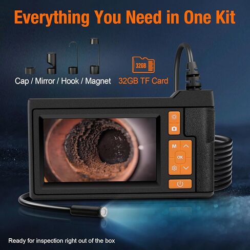 كاميرا بوريسكوب مع ضوء، منظار داخلي بشاشة IPS 4.3 بوصة، كاميرا فحص بدون هاتف بدون تطبيق مع ضوء، كابل شبه صلب بطول 16.4 قدم، منظار صناعي 8 LED مع بطاقة 32 جيجابايت لفحص السيارات والأنابيب والمنزل in Kuwait