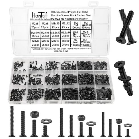 900PCS Round Head Screws Assortment Kit, M2 M2.5 M3 Bolts and Nuts Washers Set, Phillips Drive Pan Head Machine Screws, Carbon Steel Black Oxide, Small Bolts Fully Threaded with Storage Box. in Saudi Arabia