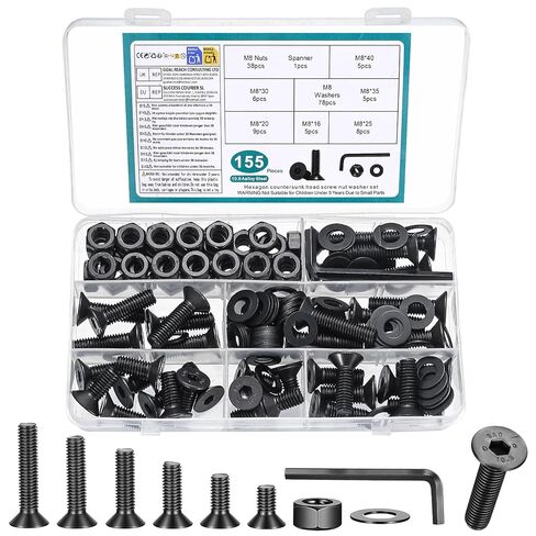 مجموعة براغي M3M4M5M6M8، 155-1144 قطعة، مجموعة متنوعة من المقبس السداسي برأس مسطح غاطس، غسالات براغي الآلة مع مفتاح ألين لإصلاح الأثاث الإلكتروني (أسود) (271 قطعة M5) in Kuwait