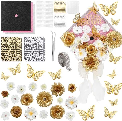 Harsever 51pcs Capure Cap Decorations DIY Kit ، Decorations Decorations Decorations مع Faux Flower 3D Butterfly Rhinestons ALPHABET ALPHABET FORDICE FOR DIY Party Party Supplies (Pink) in Kuwait