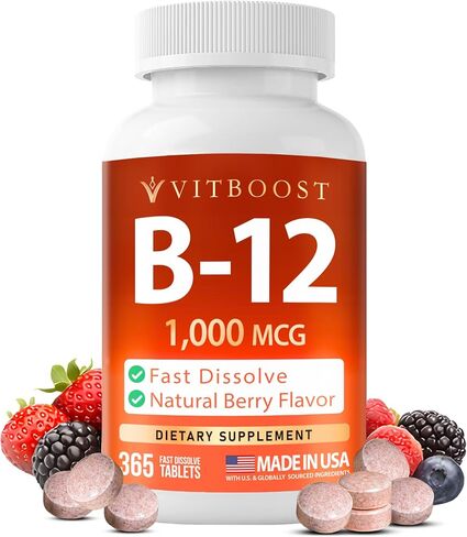 VITBOOST فيتامين B12 1000 ميكروغرام أقراص قابلة للمضغ - 365 عدد نكهة التوت الطبيعية B-12 فيتامين لدعم الطاقة والجهاز العصبي - أقراص نباتية غير معدلة وراثيًا - صنع في الولايات المتحدة الأمريكية in Kuwait