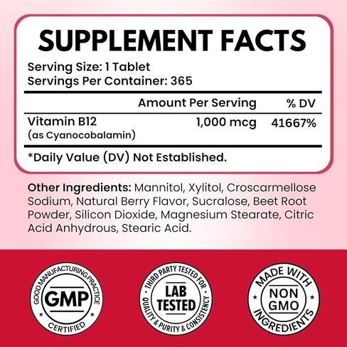 VITBOOST فيتامين B12 1000 ميكروغرام أقراص قابلة للمضغ - 365 عدد نكهة التوت الطبيعية B-12 فيتامين لدعم الطاقة والجهاز العصبي - أقراص نباتية غير معدلة وراثيًا - صنع في الولايات المتحدة الأمريكية in Kuwait