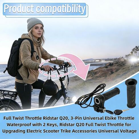 خنق تويست كامل يناسب Ridstar Q20، 3 دبوس قابس مقاوم للماء متوافق مع Ridstar Q20/Q20 Pro Lite E-Bike، مع مفتاحين لترقية ملحقات سكوتر الكهربائية Trike الجهد العالمي in Kuwait