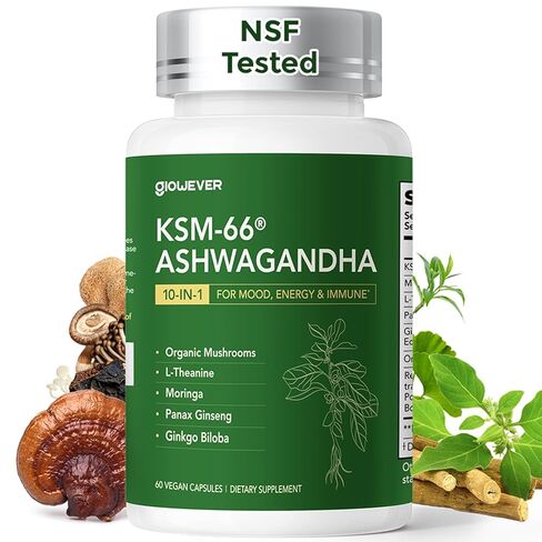 GlowEver KSM-66 Ashwagandha Supplements with L-Theanine Moringa Organic Mushrooms Complex Ginseng Ginkgo Biloba - Mood & Energy Support, Cortisol Manager, Immune Support, 60 Vegan Capsules in Saudi Arabia