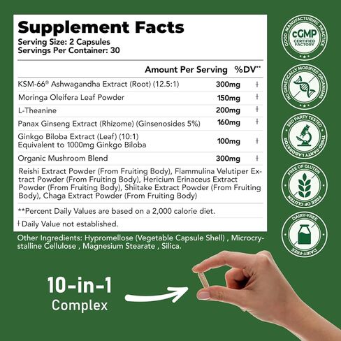 GlowEver KSM-66 Ashwagandha Supplements with L-Theanine Moringa Organic Mushrooms Complex Ginseng Ginkgo Biloba - Mood & Energy Support, Cortisol Manager, Immune Support, 60 Vegan Capsules in Saudi Arabia