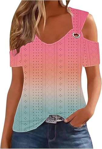 Eyelet Tops for Women Cold Shoulder Floral Blouse Scoop Neck Shirts Dressy Casual Blouses Summer Vacation Outfits Tops in Saudi Arabia