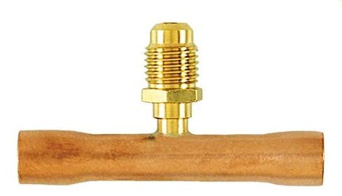 C&D CD8438 tee with 1/4" m. Flare Access on 3/8" Copper Tube, swaged at Each end for 3/8" OD Tube, CD2250 Brass Wrench Cap and Valve core in Kuwait
