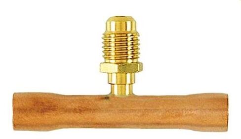 C&D CD8438 tee with 1/4" m. Flare Access on 3/8" Copper Tube, swaged at Each end for 3/8" OD Tube, CD2250 Brass Wrench Cap and Valve core in Kuwait