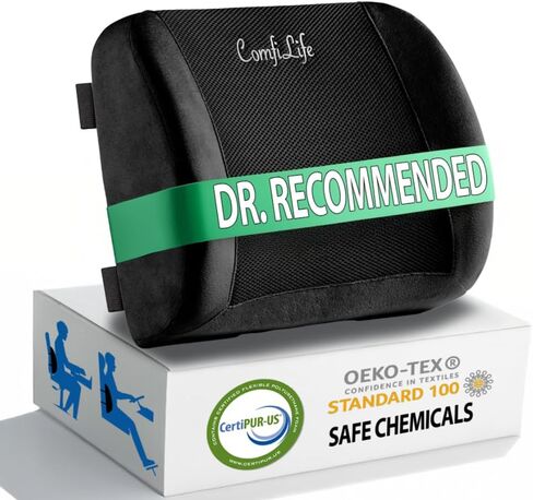 ComfiLife Lumbar Support Back Pillow Office Chair and Car Seat Cushion - Memory Foam with Adjustable Strap and Breathable 3D Mesh (Black) in Kuwait