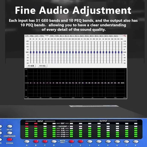 COYEUX Professional Audio Processor, 4-In/8-Out, All-in-One Matrix System with 31-Band Equalizer, Crossover, Mixer, with LCD Screen and Level Indicator, Can Set Via a PC, for Studio in Saudi Arabia