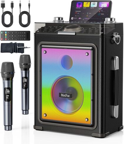 آلة كاريوكي للبالغين مع 2 ميكروفونات لاسلكية ومدخل جيتار، مكبر صوت بلوتوث 5.3 احترافي، نظام كاريوكي خشبي محمول مع صوت جهوري/ثلاثي قابل للتعديل للفناء الخلفي، والحفلات المنزلية in Kuwait