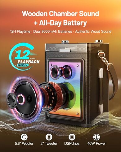 آلة كاريوكي للبالغين مع 2 ميكروفونات لاسلكية ومدخل جيتار، مكبر صوت بلوتوث 5.3 احترافي، نظام كاريوكي خشبي محمول مع صوت جهوري/ثلاثي قابل للتعديل للفناء الخلفي، والحفلات المنزلية in Kuwait