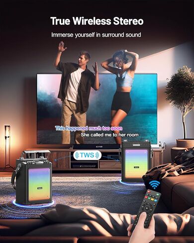 آلة كاريوكي للبالغين مع 2 ميكروفونات لاسلكية ومدخل جيتار، مكبر صوت بلوتوث 5.3 احترافي، نظام كاريوكي خشبي محمول مع صوت جهوري/ثلاثي قابل للتعديل للفناء الخلفي، والحفلات المنزلية in Kuwait