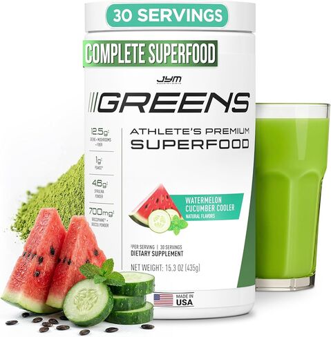 JYM Greens Super Food Powder for Performance, Watermelon Cucumber, Spirulina, Mushrooms, Vitamins, BroccoPhane & Broccoli, Men & Women, 30 Servings in Kuwait