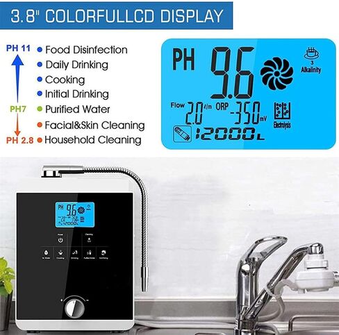 Alkaline Water Ionizer Machine, Orp+500 to -800 Ph 3.5-10.5 Alkaline Acid Water, Water Purifier Machine Instant Heating 58°C/3.8 Inch LCD Display Ion Water Machine in Saudi Arabia