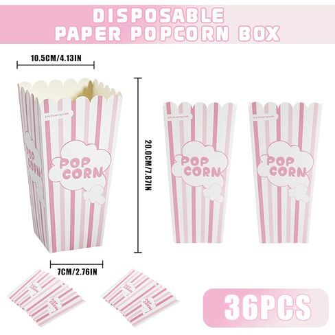 36 Pack Large Popcorn Boxes, 7.87x4.13 Inch Cardboard Popcorn Containers, Pink and White Striped Popcorn Bags for party, Carnival Party, Movie Night Supplies (Pink L) in Saudi Arabia