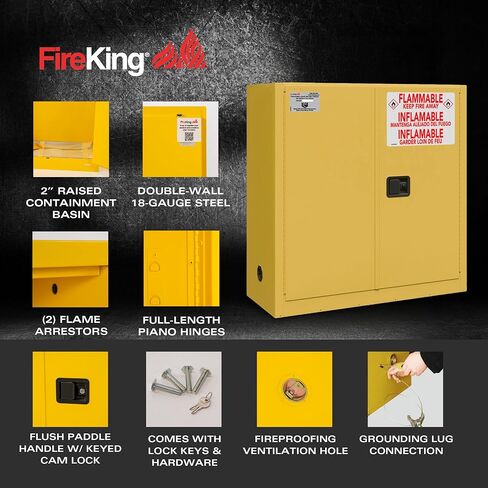 خزانة أمان قابلة للاشتعال سعة 30 جالونًا من FireKing Yellow - خزانة تخزين قابلة للاشتعال للسوائل القابلة للاشتعال - خزائن أمان فولاذية مع باب يدوي للاستخدام التجاري والصناعي والمنزلي - 43 بوصة × 44 بوصة × 18 بوصة in Kuwait