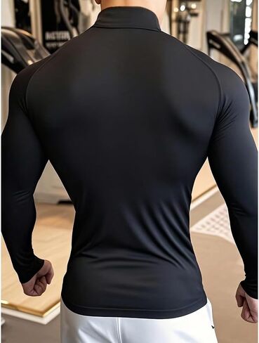 Men's Quick-Dry Stretch Fitness Shirt- High Neck Long Sleeve Workout Top (Black,Medium) in Saudi Arabia