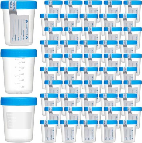 30 قطعة من أكواب العينات للاستعمال مرة واحدة بسعة 4 أونصة لاختبار البراز البول مع أغطية لولبية مانعة للتسرب وملصقات أغطية زرقاء in Kuwait