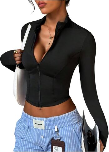 SOLY HUX Women's Cropped Running Jacket Zip Up Long Sleeve Fitted Sports Top with Thumb Hole in Saudi Arabia