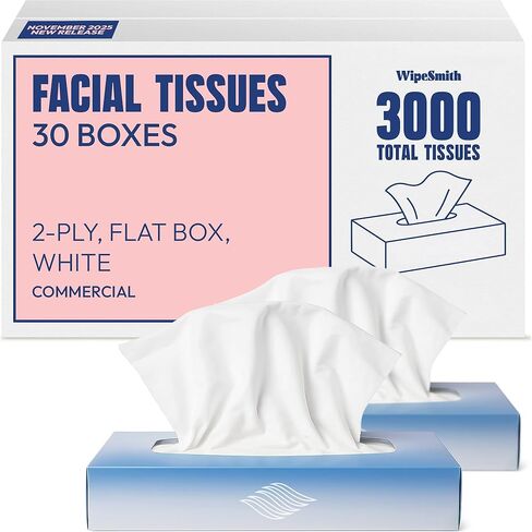 Bulk Tissues, 30 Flat Boxes, 100 Sheets/Box, 3000 Facial Tissues Total, 2-Ply, Soft, White, for Office, Business & Home, Commercial Flat Box Tissues, Hypoallergenic, Unscented, Packaging May Vary in Kuwait