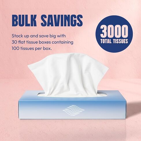 Bulk Tissues, 30 Flat Boxes, 100 Sheets/Box, 3000 Facial Tissues Total, 2-Ply, Soft, White, for Office, Business & Home, Commercial Flat Box Tissues, Hypoallergenic, Unscented, Packaging May Vary in Kuwait