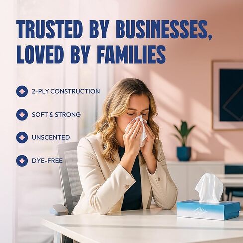 Bulk Tissues, 30 Flat Boxes, 100 Sheets/Box, 3000 Facial Tissues Total, 2-Ply, Soft, White, for Office, Business & Home, Commercial Flat Box Tissues, Hypoallergenic, Unscented, Packaging May Vary in Kuwait