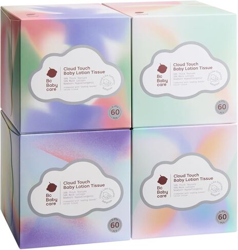 Bc Babycare Cloud Touch Lotion Ultra Soft Facial Tissues, Hypoallergenic, Plant-based Materials, Clean Gentle Baby Essentials, 60 Tissues Per Box, 5-Ply (60 Count (Pack of 4)) in Kuwait