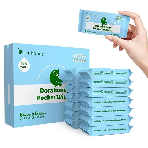 Flushable Wipes Travel Size, 99% Water Mini Wet Wipes for Sensitive Skin, Hypoallergenic & Unscented On The Go Pocket Wipes, 48 Count (8 Packs of 6) in Kuwait