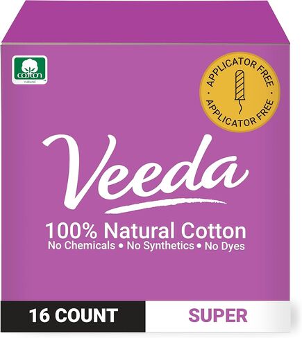 Veeda 100% Natural Cotton Applicator Free Tampons Super Absorbent Comfort Digital Super Tampons Chlorine Toxin and Pesticide free, 16 Count in Kuwait