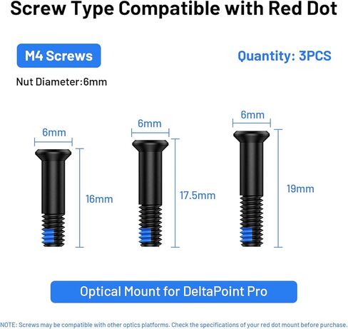 طقم براغي منقط أحمر 9 قطع M4 بقطر 6 مم يتضمن 16 مم/17.5 مم/19 مم لبصريات Red Dot Sight والتركيب المتوافق مع DeltaPoint Pro، قفل خيط أزرق من الفولاذ المقاوم للصدأ in Kuwait