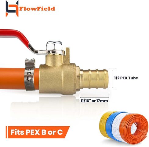 FlowField 1/2 Brass Ball Valve, Crimp/Cinch Port, for Pex Pipe Hot and Cold Water Home Plumbing Repair in Saudi Arabia