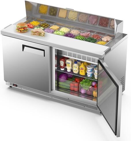 Commercial Refrigerator 60 inch, 16.2 cu.ft 2 Door Salad Prep Table, Stainless Steel with 16 Pans, Cutting Board & Casters, Sandwich Prep Fridge for Restaurant, Food Truck, Catering in Kuwait