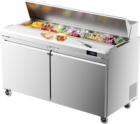 طاولة إعداد سلطة ساندويتش الثلاجة التجارية Coolake مقاس 60 بوصة، وثلاجة ساندويتش ببابين مع مقالي 16 GN 1/6، وثلاجة تبريد بمروحة مضادة للمطعم، ETL DOE in Kuwait