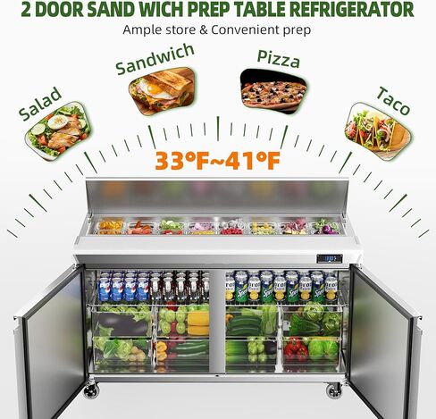 طاولة إعداد سلطة ساندويتش الثلاجة التجارية Coolake مقاس 60 بوصة، وثلاجة ساندويتش ببابين مع مقالي 16 GN 1/6، وثلاجة تبريد بمروحة مضادة للمطعم، ETL DOE in Kuwait